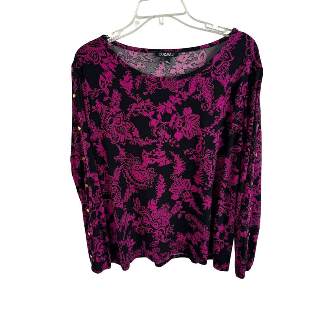 Roz & Ali Women's Top Blouse Size XL Magenta/Black Floral Print Split Sleeves